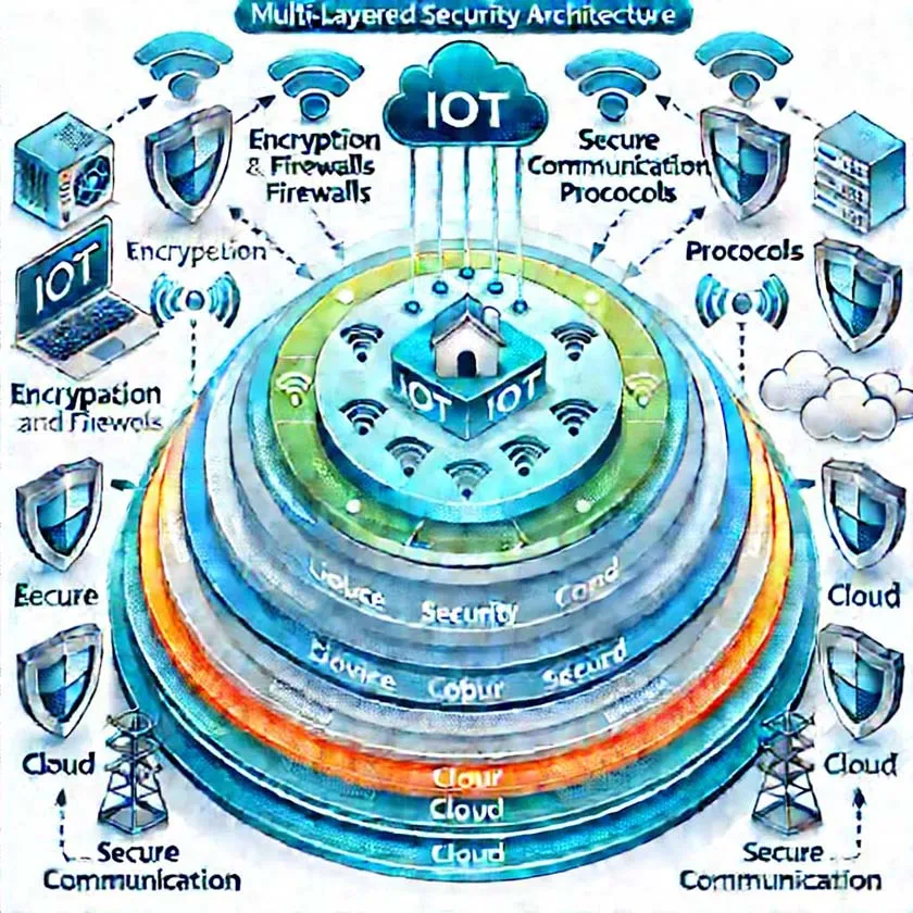 IoT devices utilize a multi-layered security architecture that deploys protection from the device to the cloud